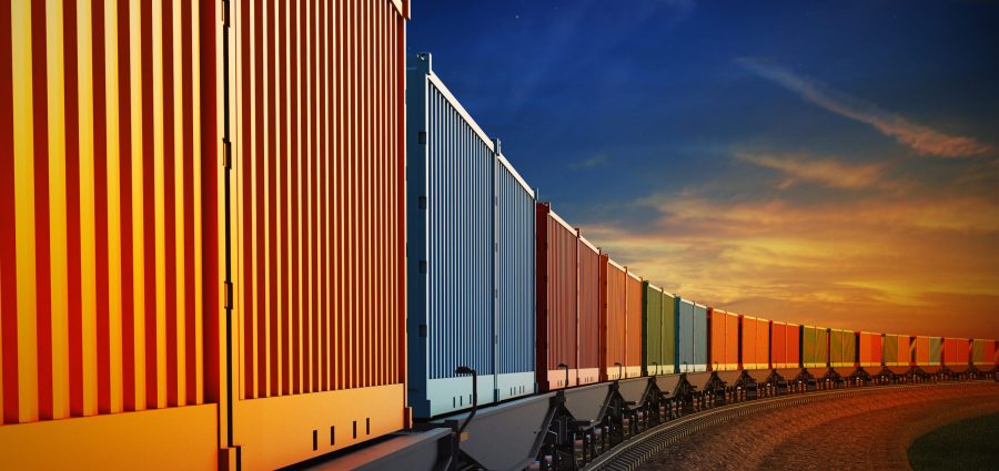 3d illustration of wagon of freight train with containers on the sky background