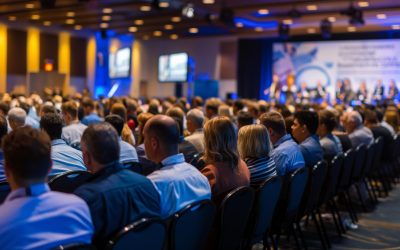 Large audience attending a business conference in a well-lit auditorium with a stage and presenters in the background.