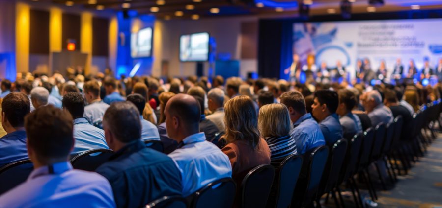 Large audience attending a business conference in a well-lit auditorium with a stage and presenters in the background.