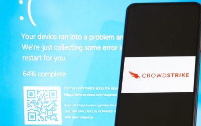 The CrowdStrike logo and a blue computer screen appeared during