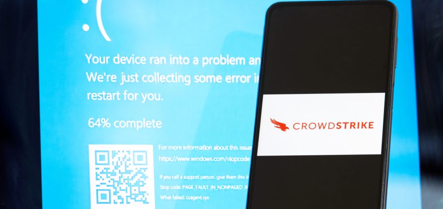 The CrowdStrike logo and a blue computer screen appeared during