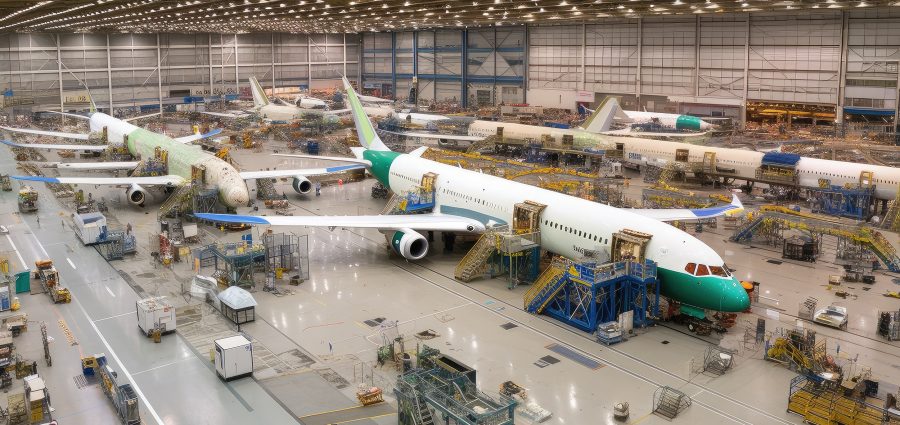 aviation company, showing the factory floor and assembly line, with workers building new aircraft, created with generative ai