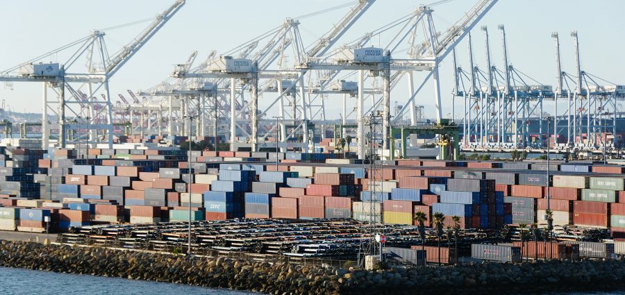 California, U.S.A - November 5, 2022 - The view of the Long Beach Cruise Terminal on Queensway Bay on a sunny day