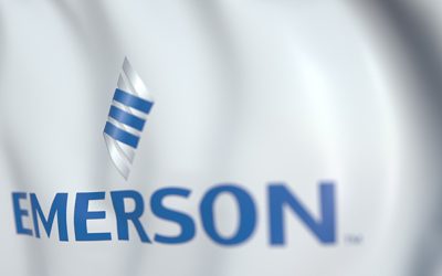 Waving flag with Emerson Electric logo. Editorial 3D