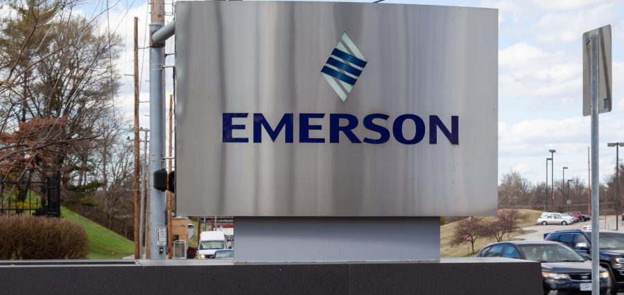 Emerson logo sign outside of its headquarters in St. Louis, Missouri.