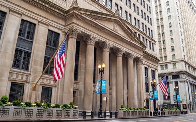 Chicago, Illinois, USA. May 9, 2019. Side view of the Federal Reserve Bank of Chicago. Stone building with corinthian colonnades background.