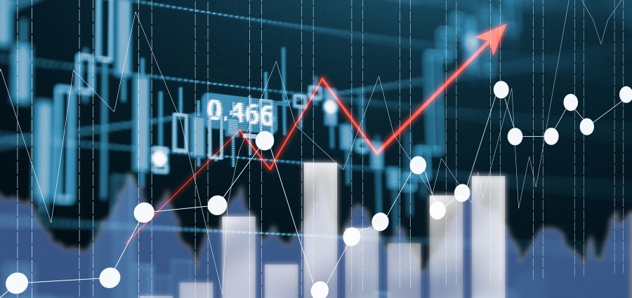 Digital data indicator analysis on financial market trade chart on LED. Concept Stock data trade. Double exposure style