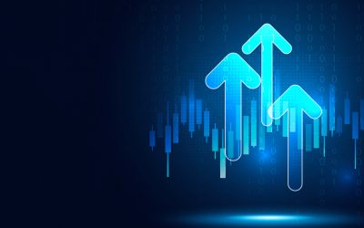 Futuristic raised triple-up arrow chart with candlesticks digital transformation abstract technology background. Big data and business growth currency stock and investment economy. Vector illustration