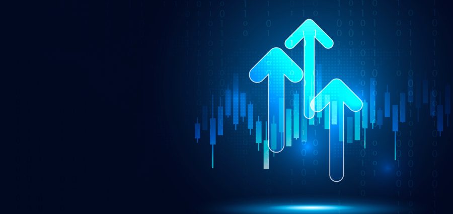 Futuristic raised triple-up arrow chart with candlesticks digital transformation abstract technology background. Big data and business growth currency stock and investment economy. Vector illustration