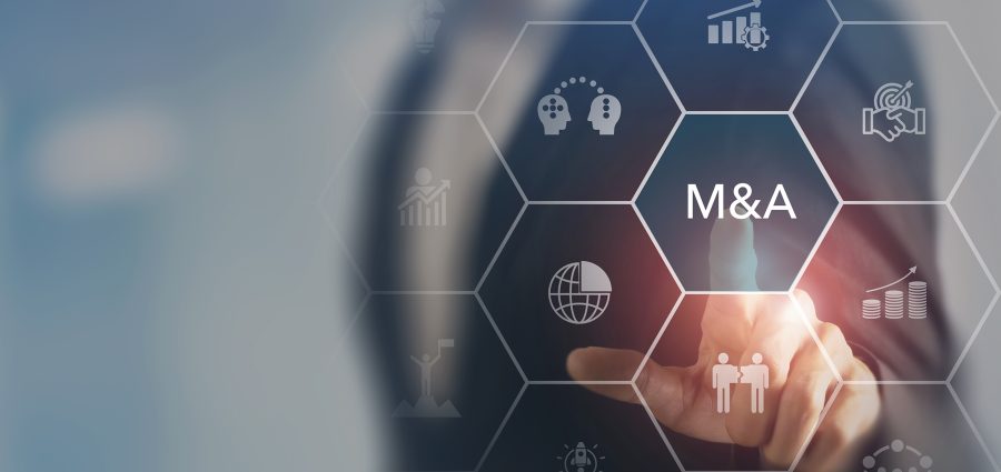 Business mergers and acquisitions concept. Share acquisition, asset business acquisition, amalgamation. Business review and development model. The abbreviation M and A on smart background, copy space.