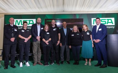 MSA Safety Cuts Ribbon on Expanded and Modernized Manufacturing Facility in Bristol. Shown in the photo are Simon Shilton, Chief Fire Officer of Avon Fire and Rescue, members of the company's executive team, and MSA Bristol associates.