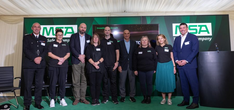 MSA Safety Cuts Ribbon on Expanded and Modernized Manufacturing Facility in Bristol. Shown in the photo are Simon Shilton, Chief Fire Officer of Avon Fire and Rescue, members of the company's executive team, and MSA Bristol associates.