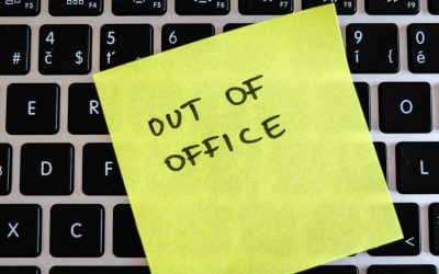 Vacation needed. Holiday office message on laptop. Out of office