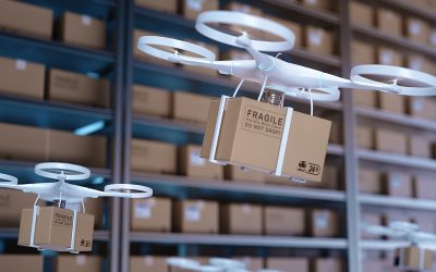 Drones carry express packages in warehouses.Packages are transported in high-tech Settings,online shopping,Concept of automatic logistics management.3d rendering warehouse.