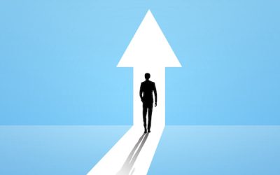 Business growth vector concept with man walking towards upwards arrow. Symbol of success, promotion, career development.