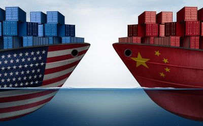 China United States trade and American tariffs as two opposing cargo ships as an economic taxation dispute over import and exports concept as a 3D illustration.