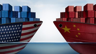 China United States trade and American tariffs as two opposing cargo ships as an economic taxation dispute over import and exports concept as a 3D illustration.