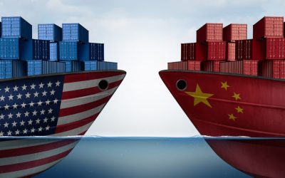 China United States trade and American tariffs as two opposing cargo ships as an economic taxation dispute over import and exports concept as a 3D illustration.