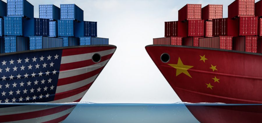 China United States trade and American tariffs as two opposing cargo ships as an economic taxation dispute over import and exports concept as a 3D illustration.