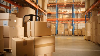 Big Retail Warehouse full of Shelves with Goods Stored on Manual