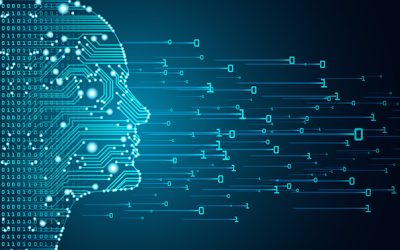 Big data and artificial intelligence concept. Machine learning and cyber mind domination concept in form of men face outline outline with circuit board and binary data flow on blue background.