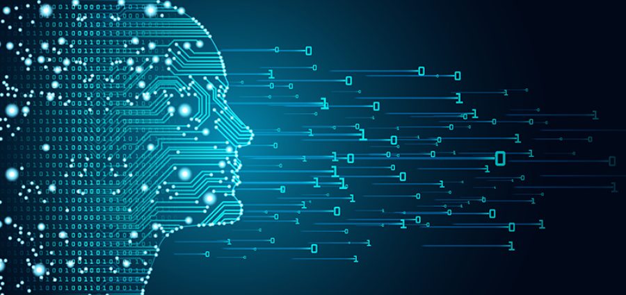 Big data and artificial intelligence concept. Machine learning and cyber mind domination concept in form of men face outline outline with circuit board and binary data flow on blue background.