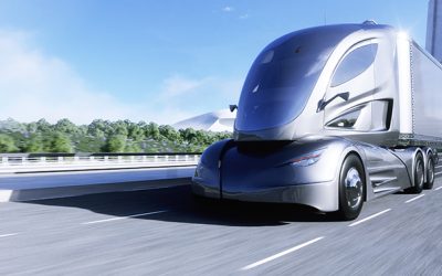 3d model of futuristic electric truck on highway. Future city background. Electric automobile. 3d rendering