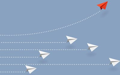 Business concept. Red paper airplane flying changing direction on blue sky of business teamwork and one different vision. Leader, New idea, boss, manager, winner concept, trend. Vector illustration