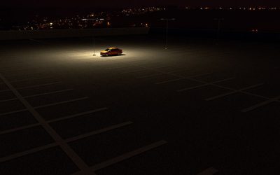 3D rendering of a sinngle car in a parking lot representing the concept of working late