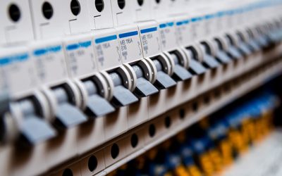 Voltage switchboard with circuit breakers. Electrical background