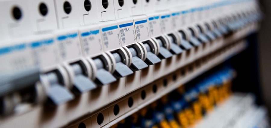 Voltage switchboard with circuit breakers. Electrical background