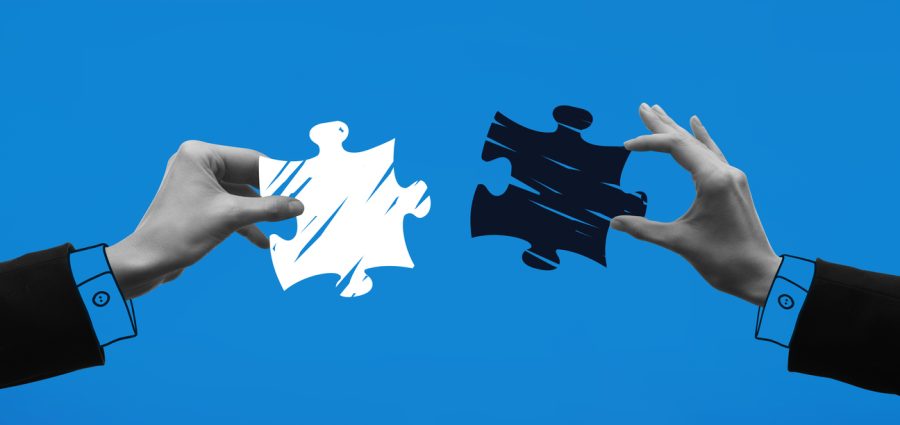 Contemporary art collage. Hands holding puzzle pieces and trying to connect it against blue background. Concept of business, acquisition, retention, merger, partnership, office,