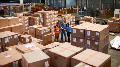 Shot of people at work in a large warehouse full of boxes