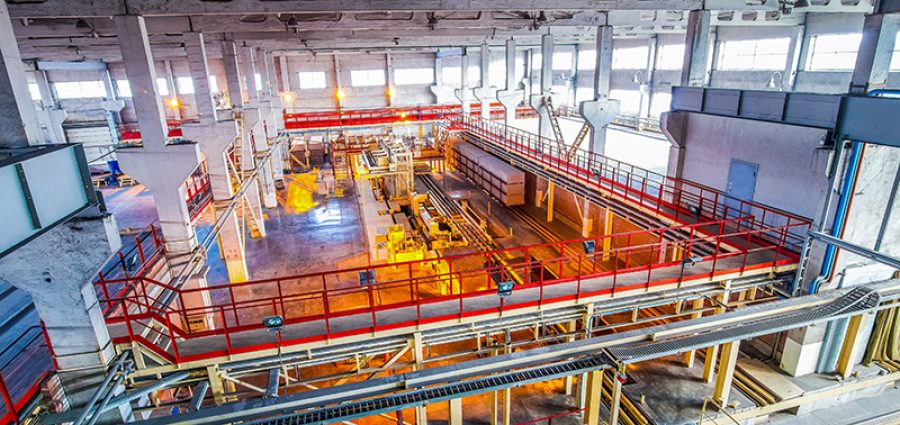 production facilities at factory producing blocks view from above