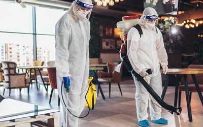 Professional workers in hazmat suits disinfecting indoor of cafe or restaurant, pandemic health risk, coronavirus