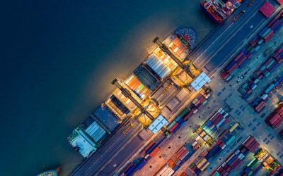 overhead shot of colorful ships in a ship yard