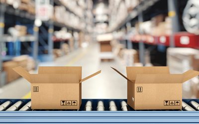 Cardboard boxes on conveyor roller with racks on background